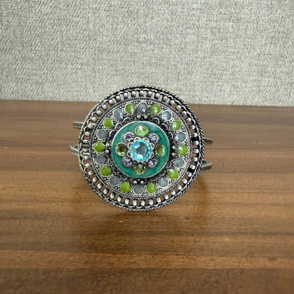 Boho Gypsy‎ Medallion Hinged Cuff Bracelet Silver Tone Festival Whimsigoth VTG